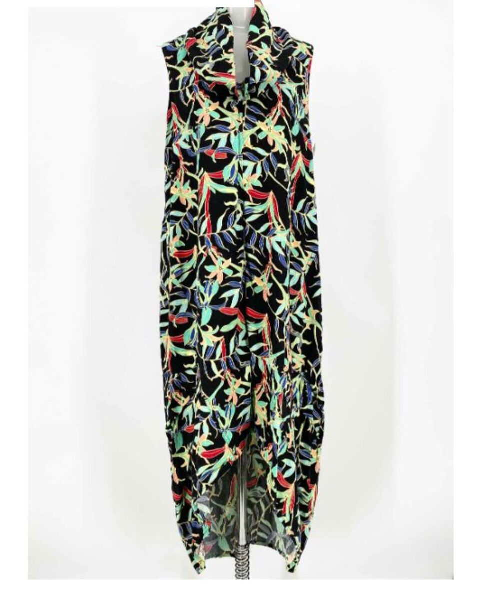 For Cynthia Hawaiian Black Floral Print Linen Blend Dress High Low Womens Size L